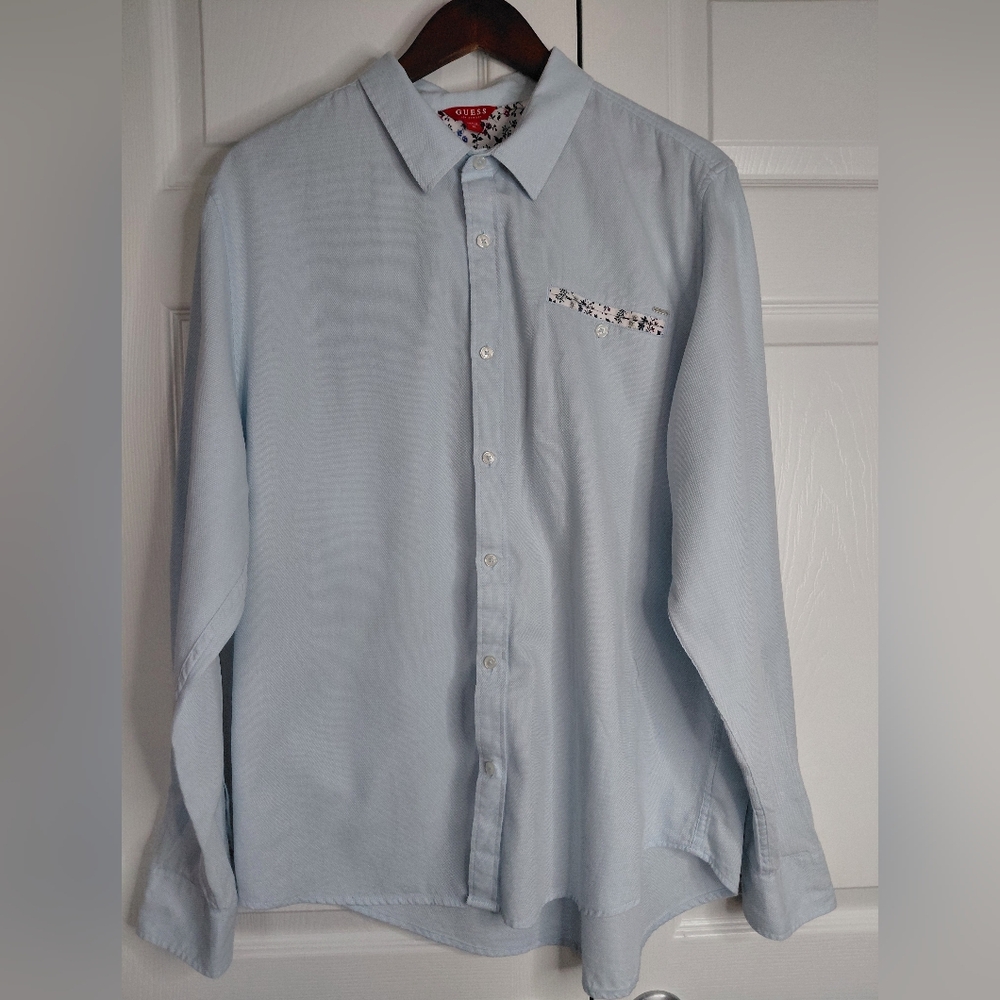 Guess Womens  Pale Blue Long-Sleeve Button Shirt Cotton Size XL
